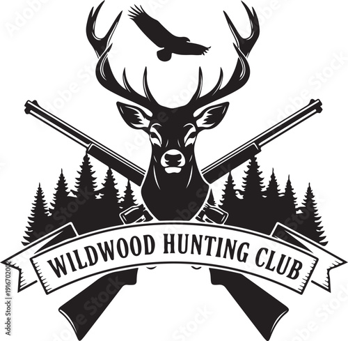 Hunting club logo design with deer head and crossed rifles isolated on transparent background