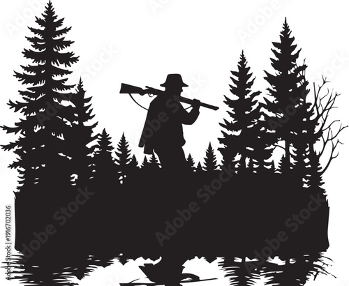 Manhuntinginforestwithriflesilhouetteisolatedontransparentbackgroundforadventureandnatureconcept
