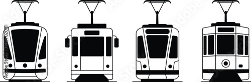 Silhouettes of trams and streetcars with pantographs, symbolizing electric urban transport, public transit, infrastructure, and city mobility