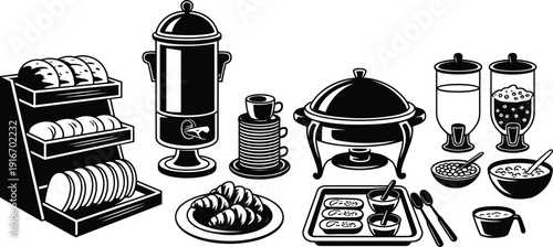 Stylized breakfast buffet with bread, coffee, croissants, cereal dispensers, fruit, and hot food, symbolizing hospitality, catering, and lifestyle