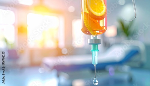 IV Drip Vitamin Therapy with Orange Slices in Hospital Ward, Wellness and Immunity Boost