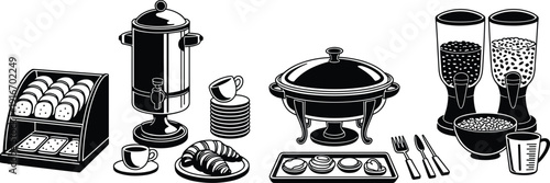 Stylized breakfast buffet with bread, coffee, croissants, cereal dispensers, hot food, and fruit, symbolizing hospitality, catering, and lifestyle