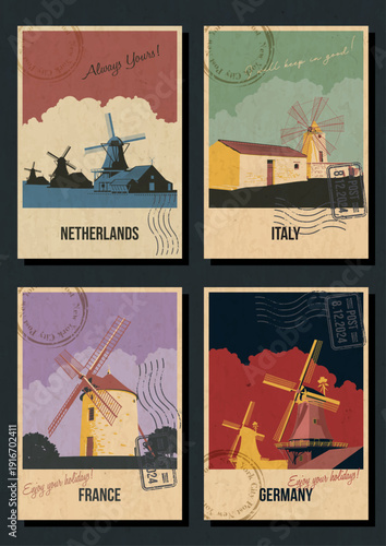 Netherlands, Italy, France, Germany Attractions Postcard Set, Ancient Traditional Windmills Landmark Illustrations, Vector Templates Retro Style Greeting Cards. Postal Imprints, Aged Paper Texture