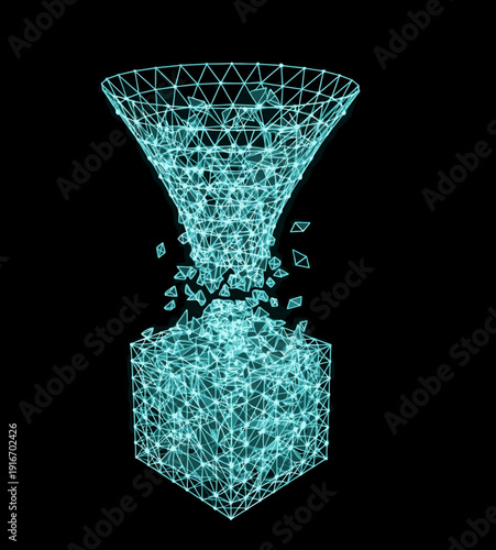 Hyper-clean 3D low-poly wireframe of ocean plastic recovery systems featuring a mesh funnel consolidating geometric fragments into a solid cube with cyan plexus lines and luminous nodes