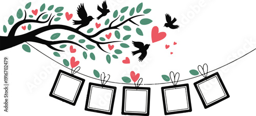 Tree with photo frames and birds, vector