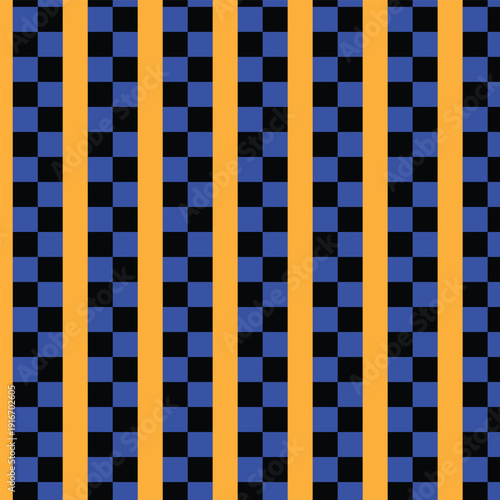 This image displays a repeating vertical stripe pattern. The pattern alternates between two types of stripes: a solid, bright orange stripe and a wider stripe containing a checkerboard design. 