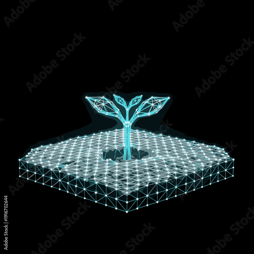 Hyper-clean 3D low-poly wireframe of regenerative agriculture systems featuring a stylized sprout emerging from a hexagonal soil-grid mesh with cyan plexus lines and luminous nodes