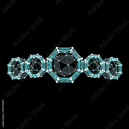 Hyper-clean 3D low-poly wireframe of a repairability rating indicator featuring five hexagonal cells in a horizontal geometric arc with cyan plexus lines and luminous nodes