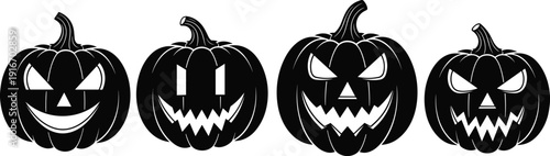 Halloween pumpkin silhouette illustration, spooky jack-o’-lantern faces with carved expressions, black vector artwork for seasonal decorative motif design