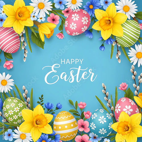 Easter greeting card design with decorated eggs and spring flowers in a floral frame illustration.