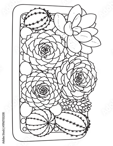 Detailed succulent and cactus planter coloring page for relaxation