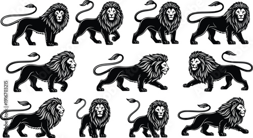Heraldic lion vector illustration collection featuring twelve unique black silhouettes with stylized mane, posture, and tail variations