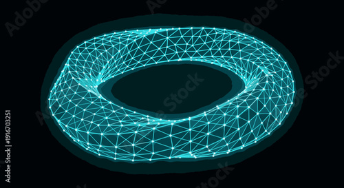 Hyper-clean 3D low-poly wireframe of a textile recycling lifecycle featuring a Möbius-style loop with electric cyan mesh lines and luminous nodes for circular fashion branding