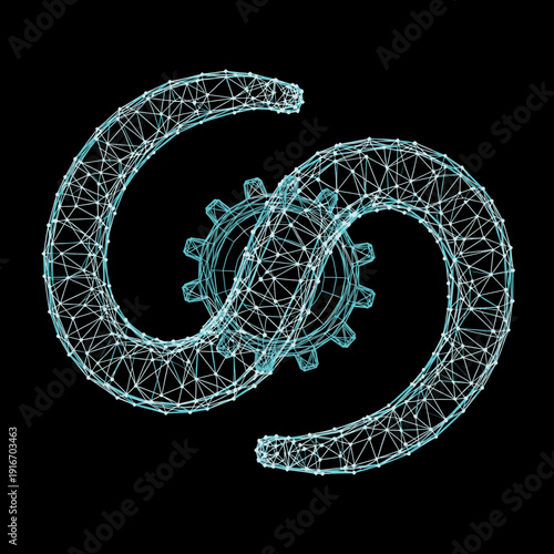 Hyper-clean 3D low-poly wireframe of circular manufacturing systems featuring an industrial gear infinity loop with cyan mesh lines and luminous nodes on a black background