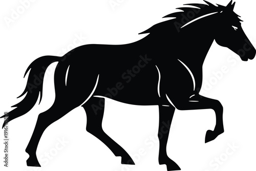 Horse silhouette illustration, dynamic trotting pose with flowing mane and tail, black vector design for nature, animal, equestrian artwork