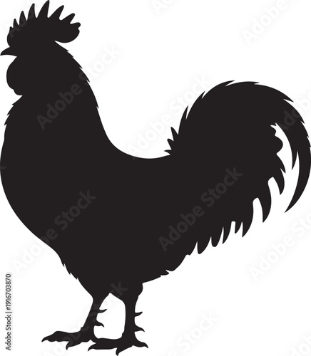 Vector illustration. Black silhouette of a rooster standing on one leg. Isolated on a transparent background.