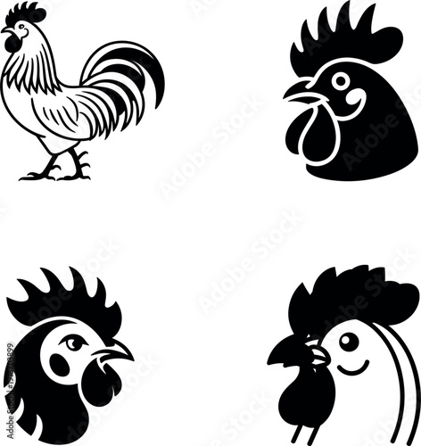Rooster and chicken silhouette set farm poultry bird icons collection black hen cock head profiles vector illustration