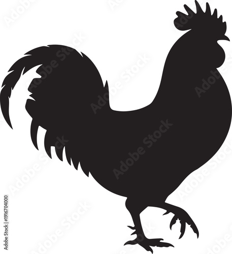 Vector illustration. Black silhouette of a rooster standing on one leg. Isolated on a transparent background.