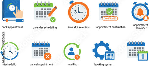 Appointment scheduling icons, booking system, calendar management, time slot selection, confirmation, reminder, rescheduling, cancellation, waitlist, service management, organization