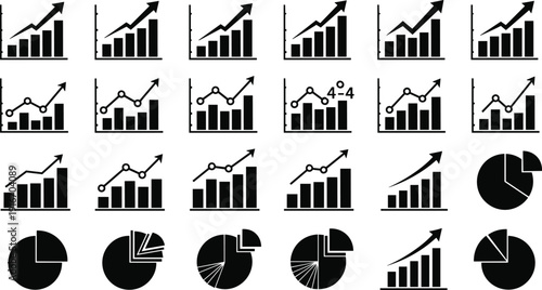 Data visualization icons set, bar chart silhouettes, line graph vector illustration, pie chart design elements, analytics symbols, business statistics collection