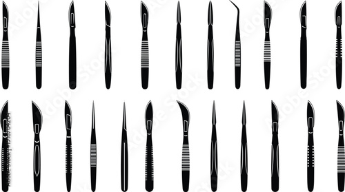 Medical surgical instruments set, scalpel tweezers silhouettes, healthcare tools illustration, surgery equipment icons, hospital operation supplies, clinical procedure design