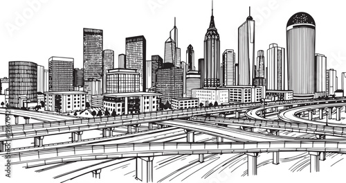 City landscape. Different buildings on street, outline cityscape hand sketch, flat houses. Hand drawn vector illustration