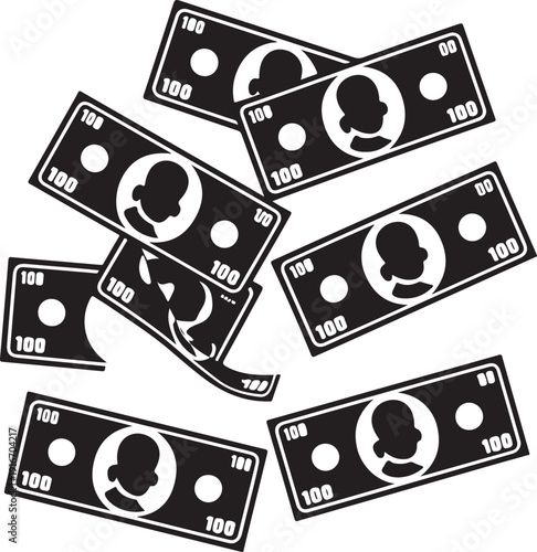 black and white illustration of scattered 100 dollar bills