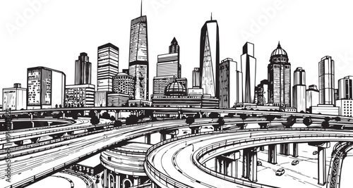 City landscape. Different buildings on street, outline cityscape hand sketch, flat houses. Hand drawn vector illustration