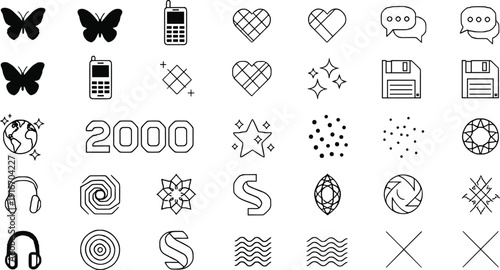 Minimalist black and white icons, butterfly, heart, mobile phone, headphones, gem, abstract shapes, communication, technology, nature, design elements