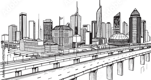 City landscape. Different buildings on street, outline cityscape hand sketch, flat houses. Hand drawn vector illustration