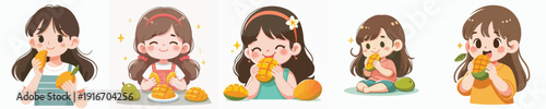 Cute Cartoon Style Little Girl Enjoying Sweet Yellow Mango Fruit Illustration