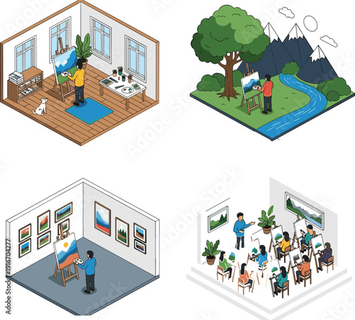 Painting indoors with dog, outdoor landscape artist, gallery painter, classroom art teaching, creative expression, art education, artistic lifestyle, nature inspiration