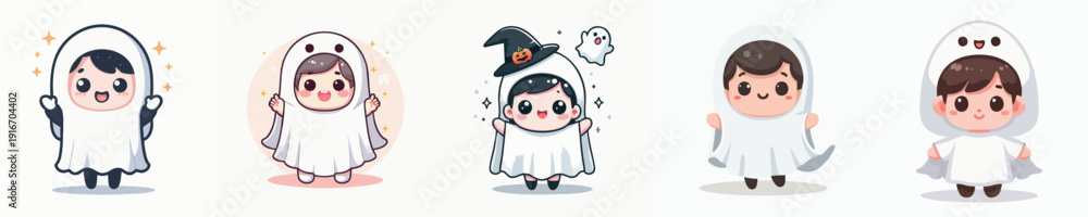 Obraz premium Cute Cartoon Character in Various Ghost Costume for Halloween Celebration Icon