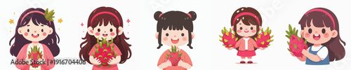 Cartoon Style Cute Little Girls with Dragon Fruit Fruit Illustrations