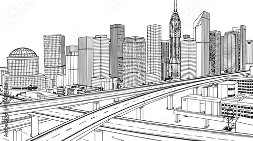 City landscape. Different buildings on street, outline cityscape hand sketch, flat houses. Hand drawn vector illustration