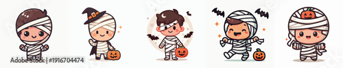 Cute Cartoon Style Mummy Characters Design for Halloween Celebrations and Decoration Elements
