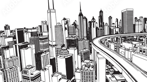 City landscape. Different buildings on street, outline cityscape hand sketch, flat houses. Hand drawn vector illustration