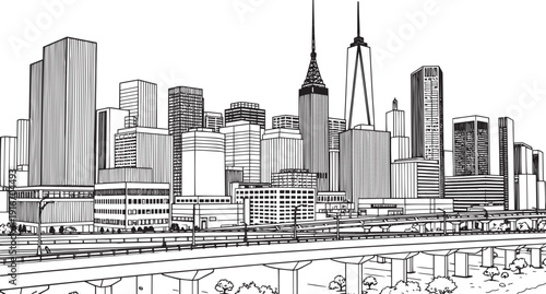 City landscape. Different buildings on street, outline cityscape hand sketch, flat houses. Hand drawn vector illustration