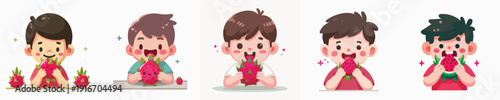 Cute Cartoon Style Happy Little Boy Eating Dragon Fruit Illustration
