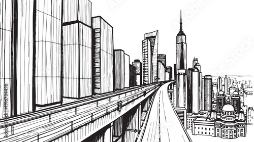 City landscape. Different buildings on street, outline cityscape hand sketch, flat houses. Hand drawn vector illustration