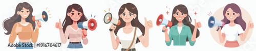 Cartoon Attractive Woman Holding Megaphone Showing Thumbs Up Illustration Set