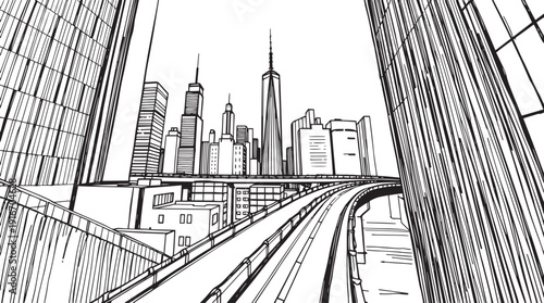 City landscape. Different buildings on street, outline cityscape hand sketch, flat houses. Hand drawn vector illustration