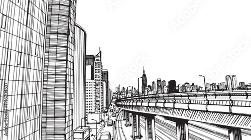 City landscape. Different buildings on street, outline cityscape hand sketch, flat houses. Hand drawn vector illustration