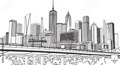 City landscape. Different buildings on street, outline cityscape hand sketch, flat houses. Hand drawn vector illustration
