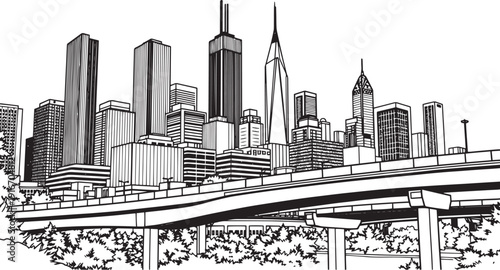 City landscape. Different buildings on street, outline cityscape hand sketch, flat houses. Hand drawn vector illustration