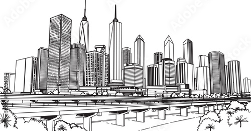 City landscape. Different buildings on street, outline cityscape hand sketch, flat houses. Hand drawn vector illustration