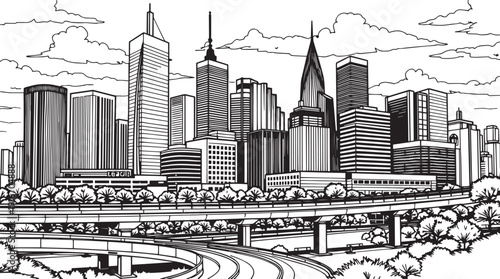 City landscape. Different buildings on street, outline cityscape hand sketch, flat houses. Hand drawn vector illustration