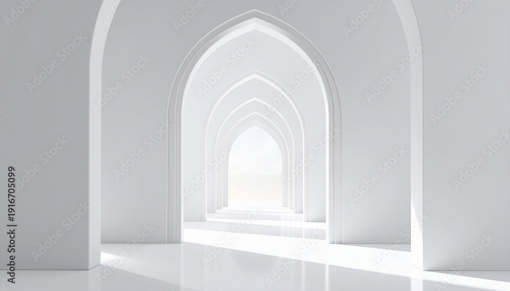Fototapeta premium Architectural Perspective - A Bright White Corridor with Arched Openings.