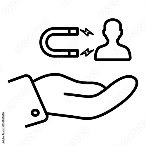 Magnet attracting people, linear icon. Customer acquisition and audience engagement. Line with editable stroke.