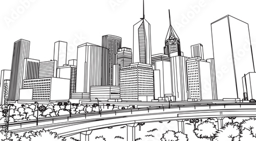 City landscape. Different buildings on street, outline cityscape hand sketch, flat houses. Hand drawn vector illustration